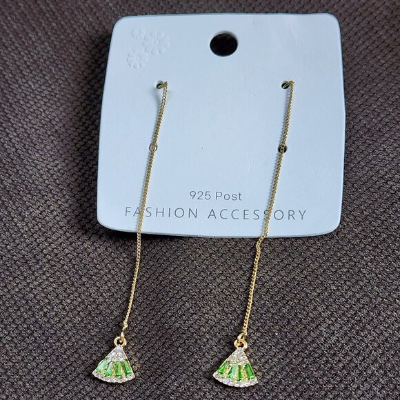 NWT Etsy Green/Gold Crystal Japanese Fan Earrings - Picture 1 of 16